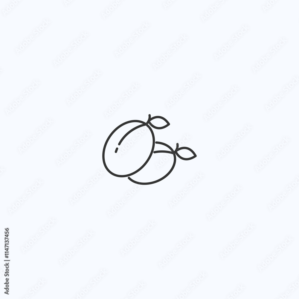Minimalist plum icon design - simple line art of two plums with leaves Minimalist plum icon design - simple line art of two plums with leaves