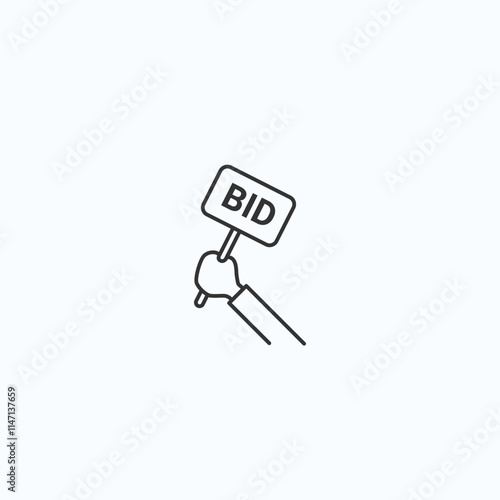 Minimalist auction icon featuring hand holding bid sign for online bidding