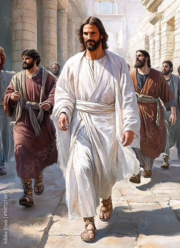 Jesus Christ walking with his disciples in Jerusalem during the day