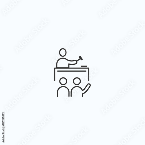 Minimalist auction icon depicting auctioneer with gavel and bidders