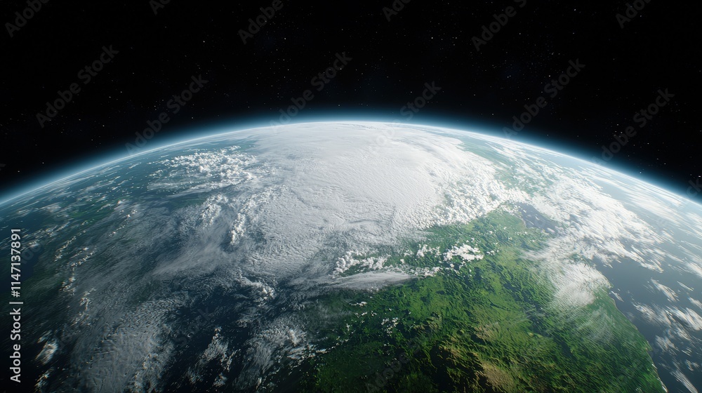 Fototapeta premium Planet Earth viewed from space, showing clouds, land, and atmosphere.
