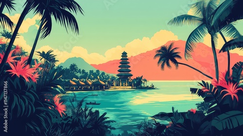 Illustration Of A Travel Poster For A Trip To Bali Island, Generative AI