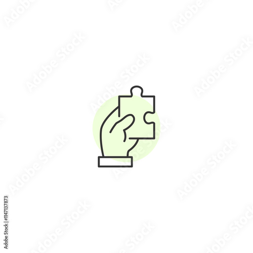 Minimalist hand holding a puzzle piece icon on light background