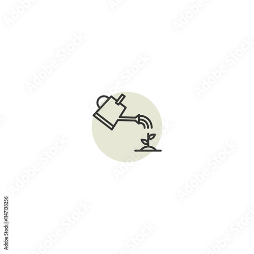 Minimalistic watering can icon with growing plant in circle background