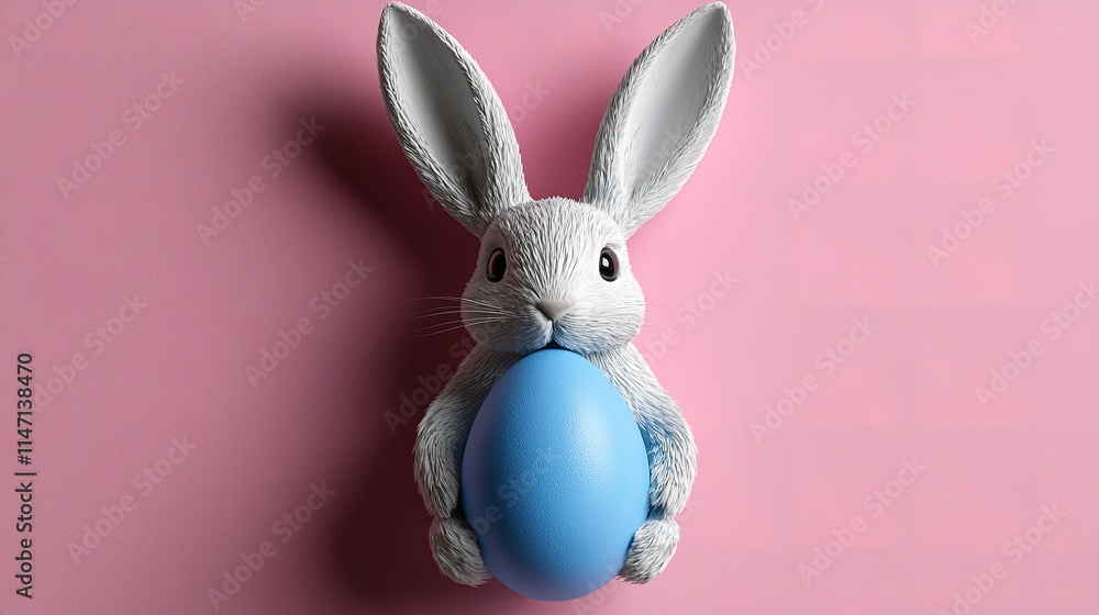 Fototapeta premium Easter bunny holding a blue egg on a pink background