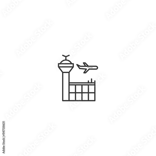 Minimalist airport icon with control tower and airplane outline