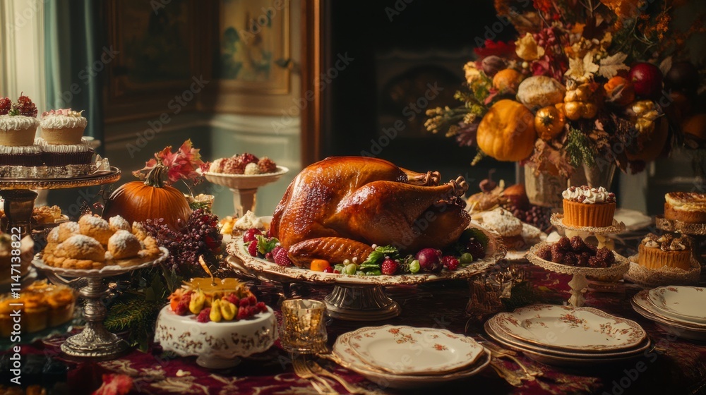 Thanksgiving Feast of Abundance with a Glorious Roast Turkey Surrounded by Delicious Seasonal Desserts and Elegant Decorations Thanksgiving Feast of Abundance with a Glorious Roast Turkey Surrounded by Delicious Seasonal Desserts and Elegant Decorations