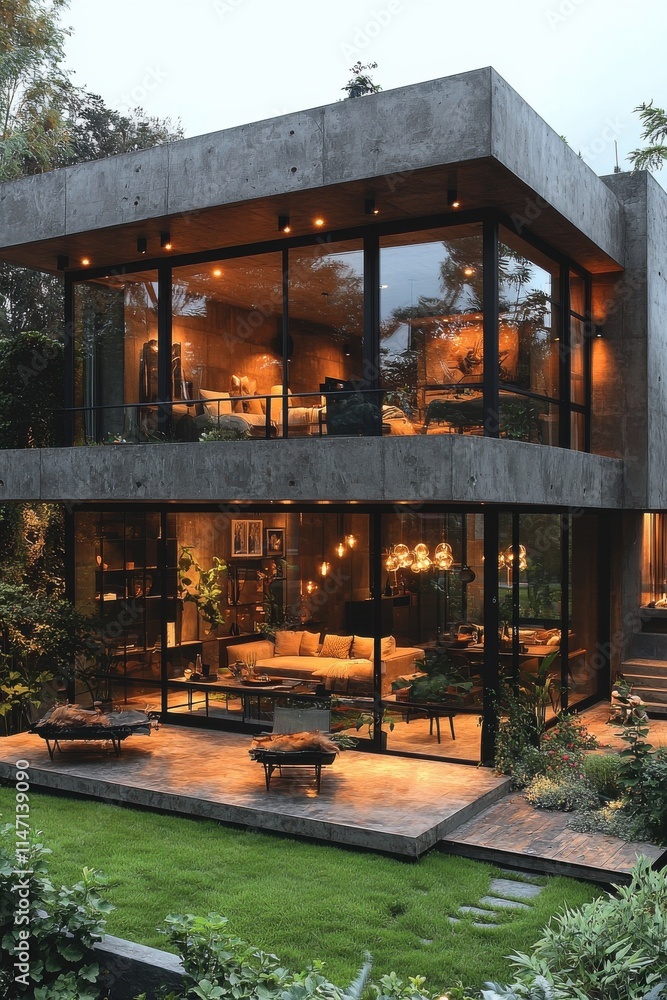 Fototapeta premium Modern Villa with Glass Facade and Ambient Lighting During Dusk