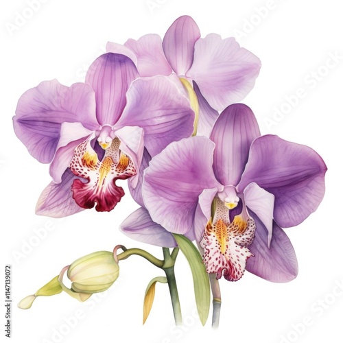 Charming watercolor orchids in rich shades of purple with intricate petal details and speckled centers. Perfect for artistic projects, interior decor, botanical themes. Elegant and captivating.