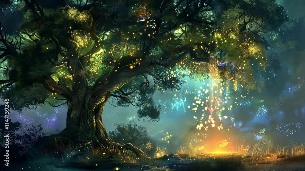 A mystical tree radiates soft glowing light in an enchanting forest setting. A mystical tree radiates soft glowing light in an enchanting forest setting.
