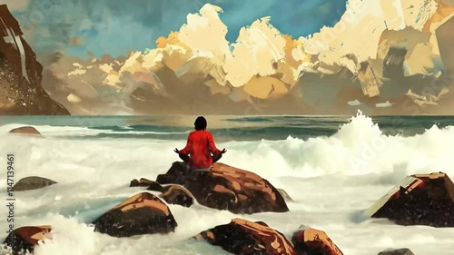 A serene figure meditating on a rock is embraced by powerful ocean waves under dramatic skies.