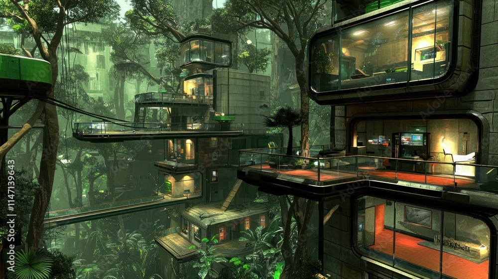 Futuristic architecture integrated into a lush jungle setting. Futuristic architecture integrated into a lush jungle setting.