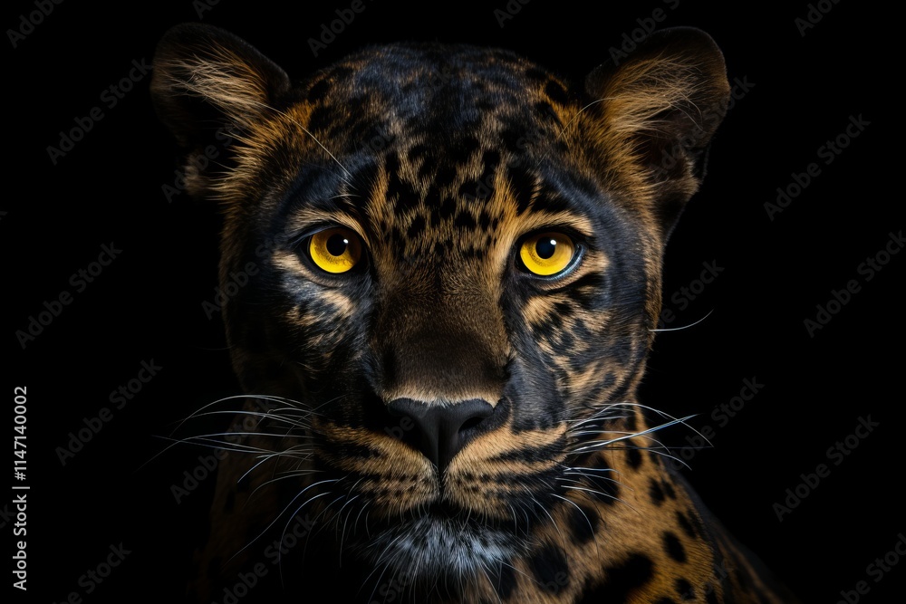 Striking gaze of a majestic leopard in stark black backdrop at night. Generative AI Striking gaze of a majestic leopard in stark black backdrop at night. Generative AI