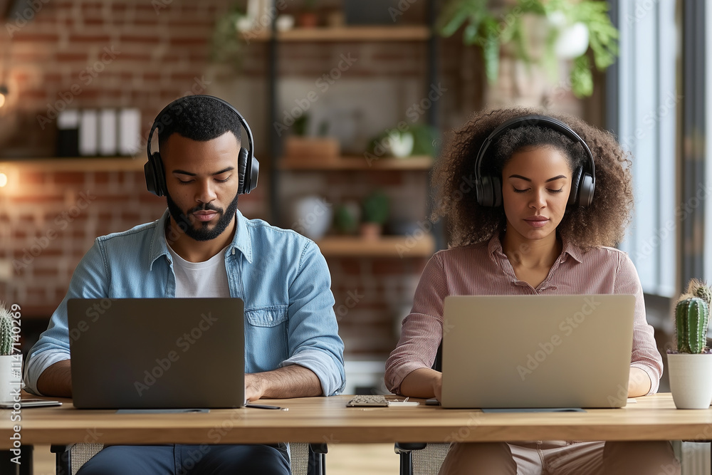 Couple engaged in focused work with laptops while wearing headphones in a stylish cafe setting Couple engaged in focused work with laptops while wearing headphones in a stylish cafe setting