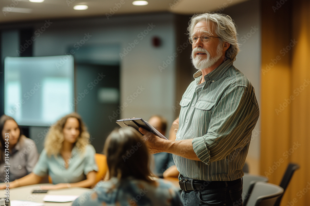 Mentor leads engaging workshop in breakout room with attentive participants focused on learning Mentor leads engaging workshop in breakout room with attentive participants focused on learning