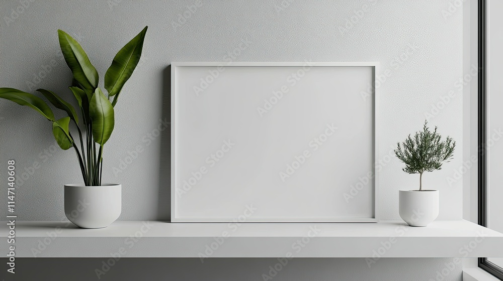 White Frame on a Shelf Mockup. Generative White Frame on a Shelf Mockup. Generative