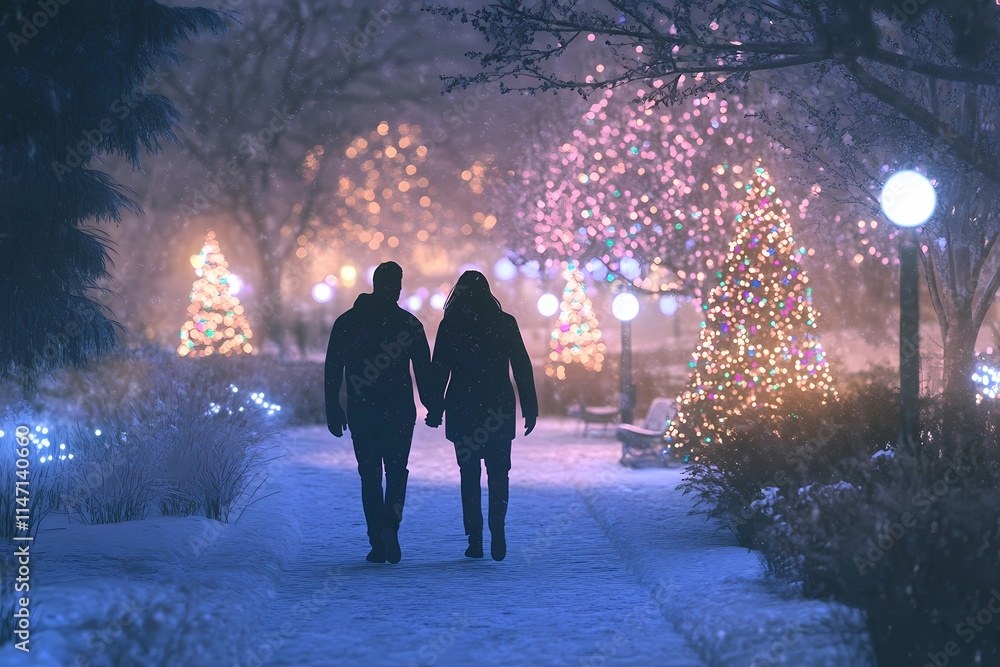 Couple walking hand-in-hand through a snow-covered path Couple walking hand-in-hand through a snow-covered path