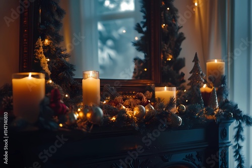 Decorated mantlepiece with Christmas garlands at evening photo