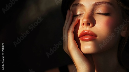 Woman, body and skincare in studio for beauty, dermatology and shadow or light for art deco and aesthetic. Cosmetics model or serious person with self care and creative on a dark or black background