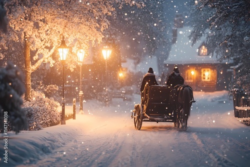 Horse-drawn sleigh ride through a village