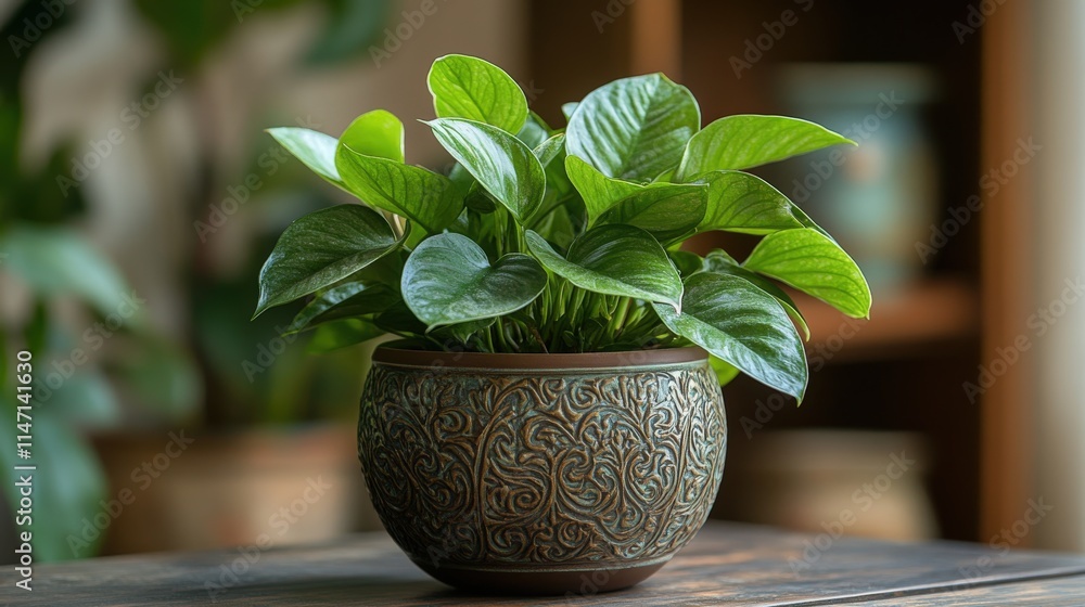 Deep green houseplant grows from a mocha mousse patterned pot in soft daylight Deep green houseplant grows from a mocha mousse patterned pot in soft daylight