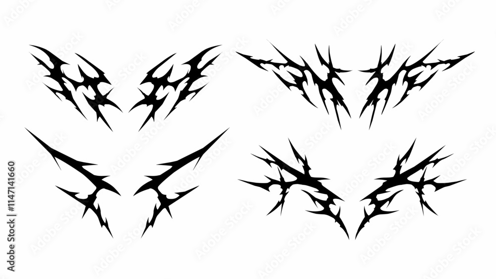 Obraz premium Abstract Tribal hand drawn symmetry shapes. Set of Cyber Gothic Patterns vector Black White Sigil Elements