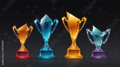 Four crystal and gold trophies of varying sizes on dark background. photo