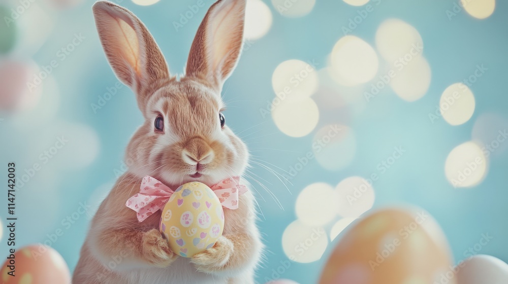 A cute bunny holds a decorated Easter egg against a soft, colorful background filled with pastel eggs and lights. A cute bunny holds a decorated Easter egg against a soft, colorful background filled with pastel eggs and lights.
