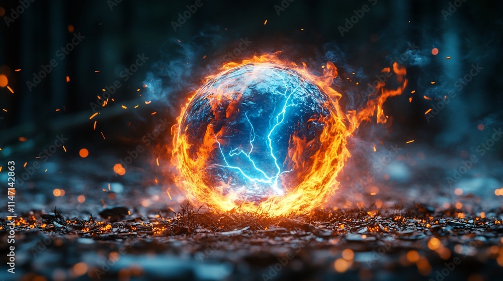 Obraz premium Fiery, lightning-struck sphere on dark ground.