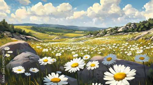 Picturesque hilly landscape with fields of daisies, capturing the essence of springtime beauty. Craggy. Illustration photo