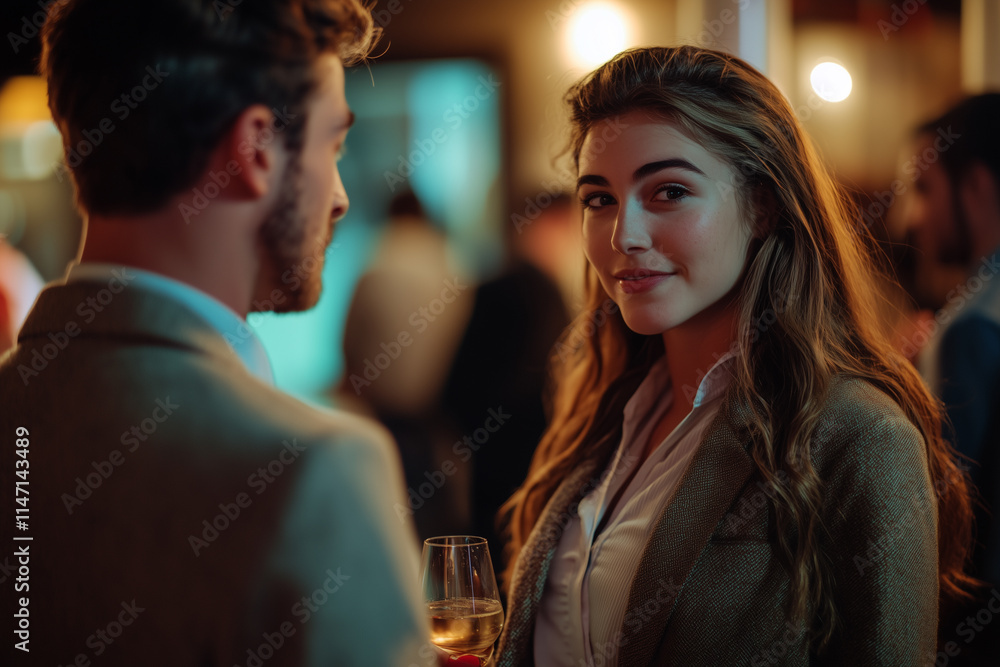 Young entrepreneur engages in meaningful conversation at networking event in a lively urban venue Young entrepreneur engages in meaningful conversation at networking event in a lively urban venue