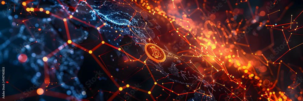 Bitcoin glowing logo with global network connections in orange and blue, digital cryptocurrency concept. Bitcoin glowing logo with global network connections in orange and blue, digital cryptocurrency concept.