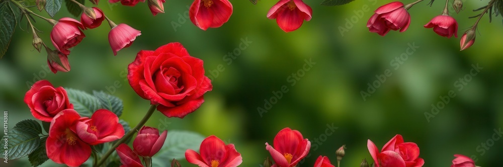 A beautiful frame made of vibrant red rose flowers and green leaves, frame, design A beautiful frame made of vibrant red rose flowers and green leaves, frame, design