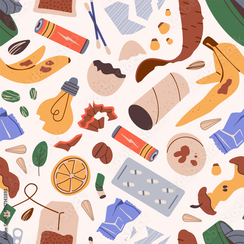 Garbage seamless pattern, waste Sorting, Different Types of Garbage, Paper, Plastics, Metal, Glass, Organic, E-Waste, Vector Illustration