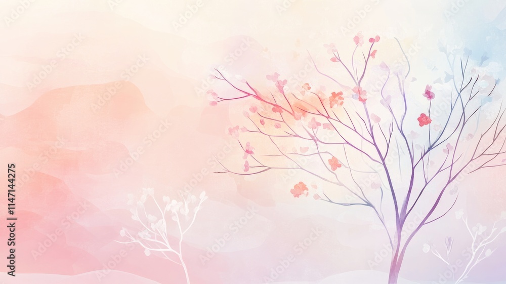Pastel dreamscape with blossoming tree in abstract watercolor setting