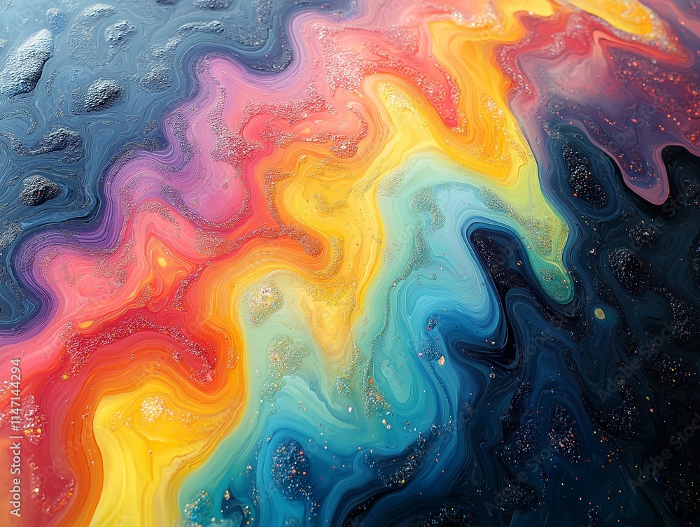 Fototapeta premium Vivid abstract image showcasing swirling multicolored paint patterns with glossy textures, creating a mesmerizing and dynamic visual experience emphasizing fluidity