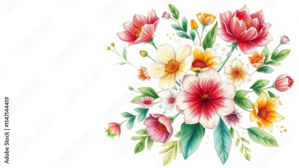 Beautiful watercolor illustration of various flowers in full bloom, decoration, bouquet Beautiful watercolor illustration of various flowers in full bloom, decoration, bouquet