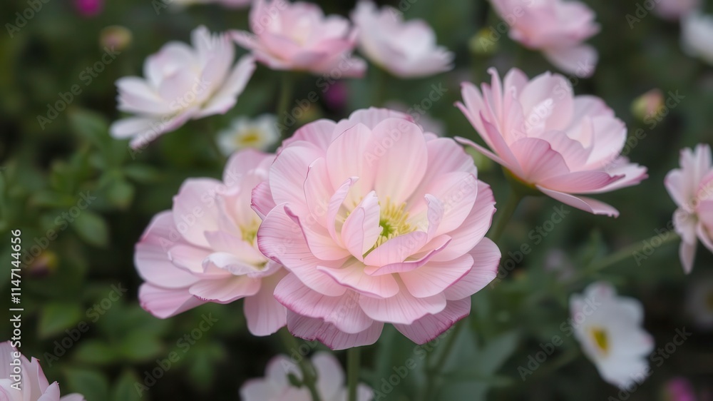 Close-up of delicate pink and white ranunculus flowers blooming in a garden, blooming, close-up, petals Close-up of delicate pink and white ranunculus flowers blooming in a garden, blooming, close-up, petals