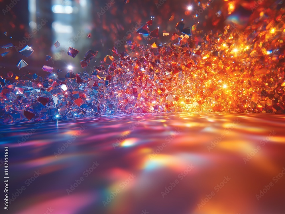 Abstract geometric display of multicolored crystal-like particles creating a dynamic visual effect with vibrant light and shadow elements Abstract geometric display of multicolored crystal-like particles creating a dynamic visual effect with vibrant light and shadow elements