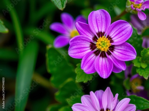 Close-up of vibrant purple flower petals and delicate leaves, nature, botany