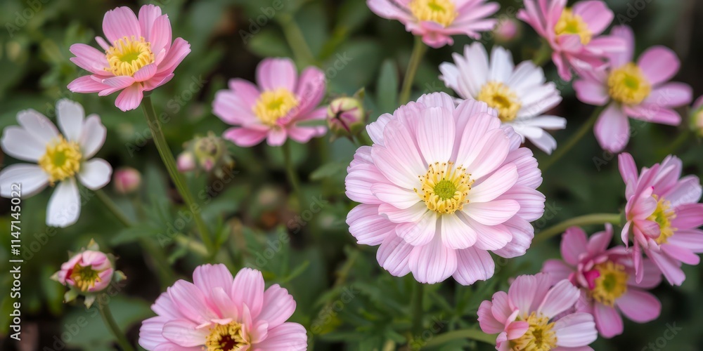 Close-up shot of pink and white ranunculus flowers blooming in full beauty, floral, ranunculus, spring
