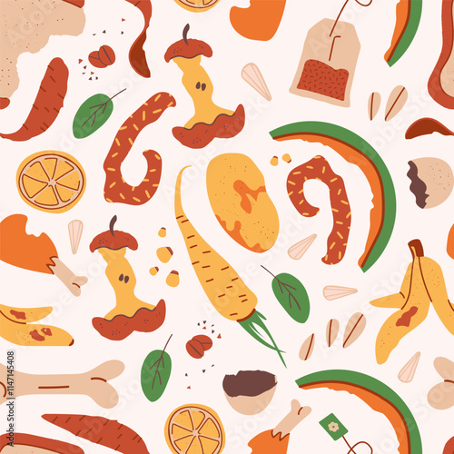 Organic elements seamless pattern. Home food processing, domestic composting. Flat style kitchen scraps and bean card. Eco-friendly concept, Ecological lifestyle