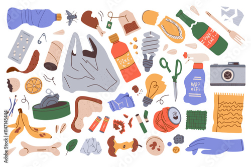 Pile of household garbage lying around. Unsorted food, paper, plastic and electrical waste. Flat vector illustration