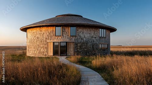 Oklahoma Round Barn with wooden shingles and open prairie views, iconic Midwestern design photo