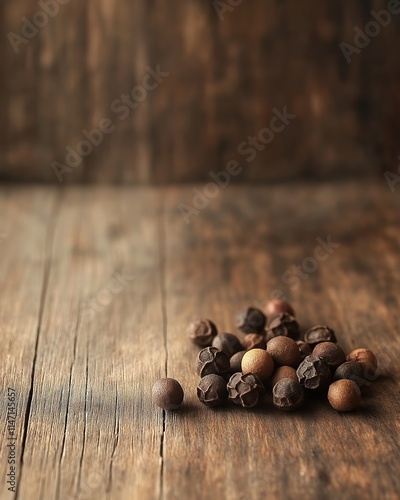 Rustic wooden table surface with a scattering of dried allspice berries, creating a warm, natural culinary ingredient background photo