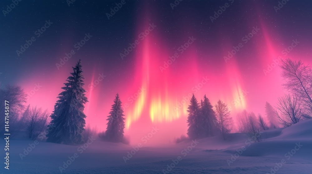 Enchanting winter landscape with vibrant pink and yellow northern lights illuminating a snowy forest under a starry night sky Enchanting winter landscape with vibrant pink and yellow northern lights illuminating a snowy forest under a starry night sky