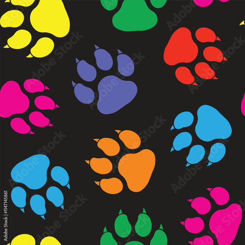 Cute Colorful dog paw prints with claws on black, seamless vector pattern background scrapbook