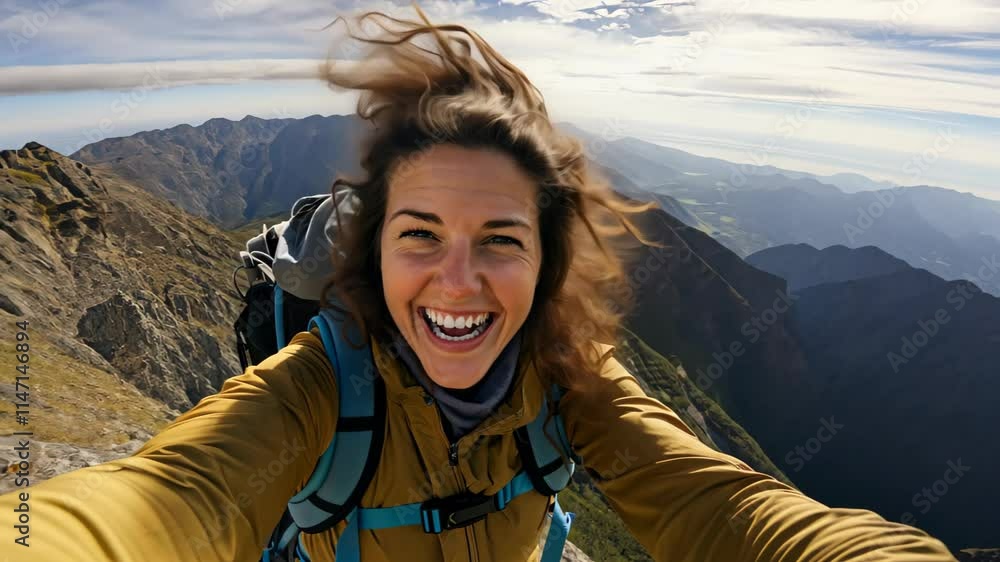 Smiling Beauty Young Woman Taking Selfie During Hiking Adventure in Scenic Mountains with Beautiful Landscape Background, Travel Vacation Concept Smiling Beauty Young Woman Taking Selfie During Hiking Adventure in Scenic Mountains with Beautiful Landscape Background, Travel Vacation Concept