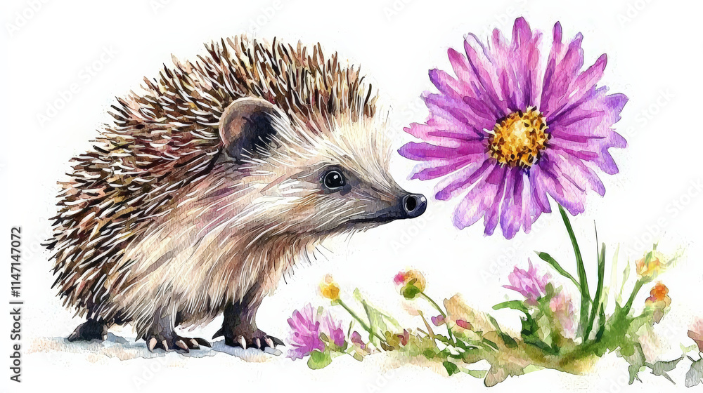 Naklejka premium Watercolor hedgehog sniffing flower in vibrant garden scene