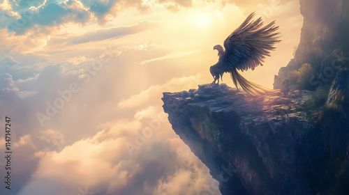 Majestic winged creature perched on craggy cliff overlooking fantastical landscape bathed in ethereal sunlight. Craggy. Illustration